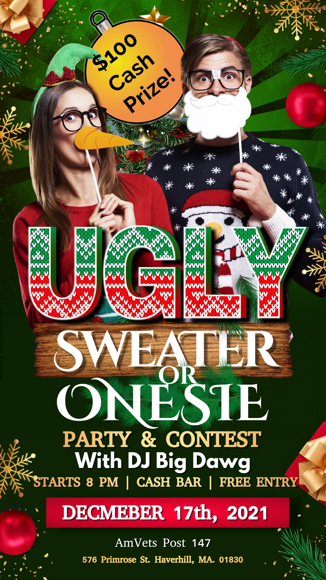 Ugly sweater contest and party at Amvets Post 147 in Haverhill Massachusetts